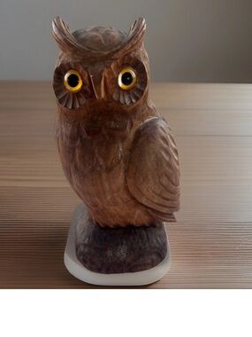 Hand-Carved Detailed Wooden Owl Figurine W Accent Eyes Vintage